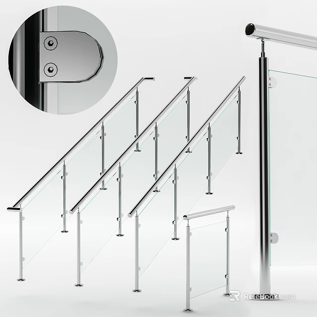 Modern Glass Railing Fence with Metal Frame and Staircase Design Elements 3d model 