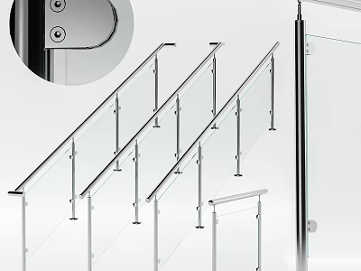 Modern Glass Railing Fence with Metal Frame and Staircase Design Elements 3d model