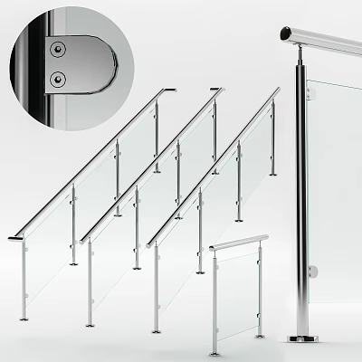 Modern Glass Railing Fence with Metal Frame and Staircase Design Elements 3d model