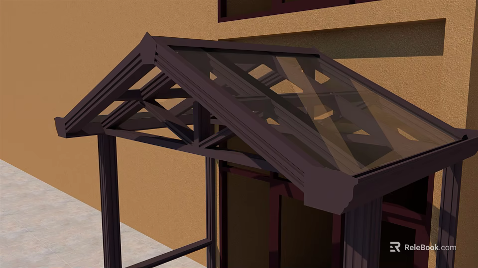 Modern Exterior Canopy With Dark Geometric Frame And Glass Top Supporting Pillars 3d model 