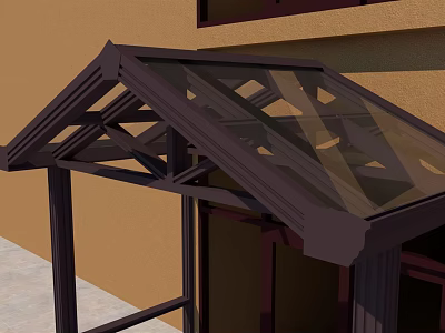 Modern Exterior Canopy With Dark Geometric Frame And Glass Top Supporting Pillars 3d model