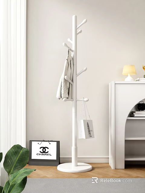 White Modern Coat Rack in Minimalist Interior With Hanging Coat Shopping Bag and Table Lamp 3d model 