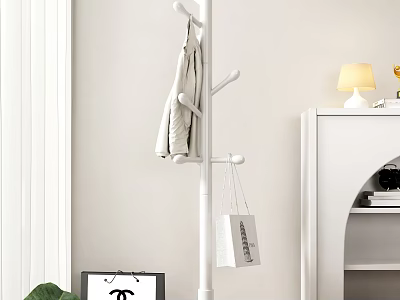White Modern Coat Rack in Minimalist Interior With Hanging Coat Shopping Bag and Table Lamp 3d model