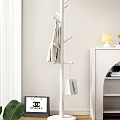 White Modern Coat Rack in Minimalist Interior With Hanging Coat Shopping Bag and Table Lamp