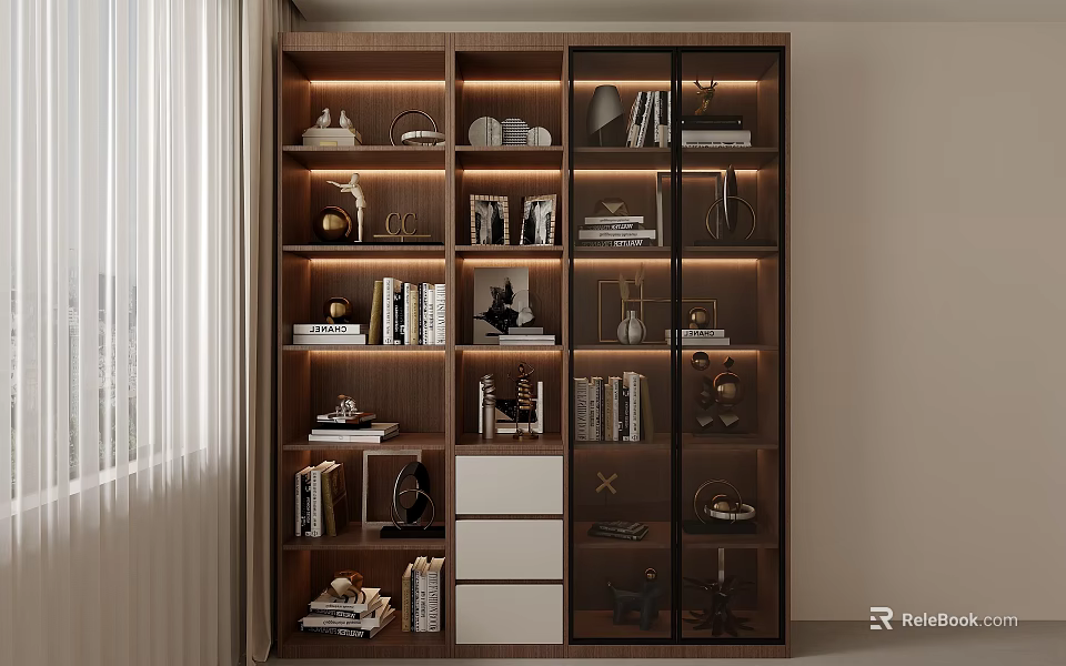 Modern Wooden Bookcase With Glass Doors White Drawers Shelves Books And Decorative Items 3d model 