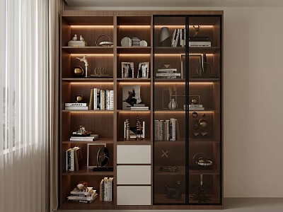 Modern Wooden Bookcase With Glass Doors White Drawers Shelves Books And Decorative Items 3d model