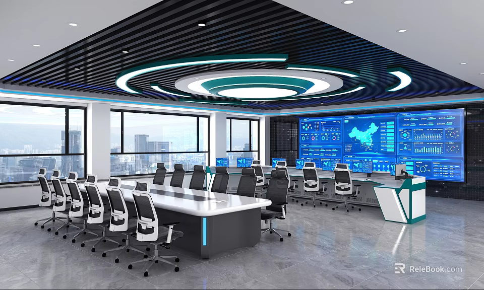 Modern Data Monitoring Control Room With Large Screens Charts Long Table Office Chairs And Windows 3d model 