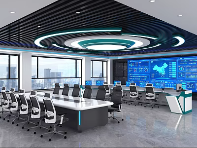 Modern Data Monitoring Control Room With Large Screens Charts Long Table Office Chairs And Windows 3d model