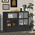 Stylish Black Sideboard with Glass Doors Slatted Panels Oranges Coffee Machine and Decorative Plant