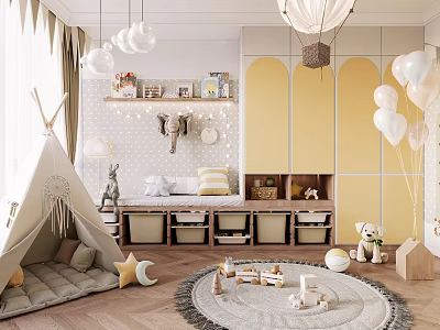 Kids Room Interior with Teepee Tent Stuffed Toys Storage Bins and Hanging Balloons 3d model