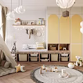 Kids Room Interior with Teepee Tent Stuffed Toys Storage Bins and Hanging Balloons