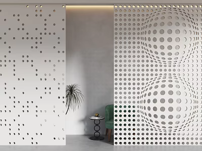 White Modern Room Divider With Perforated Circular And Spherical Patterns In Contemporary Interior 3d model