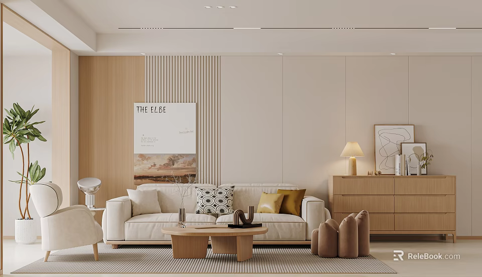 Modern Cream Wood Style Living And Dining Space With Comfortable Soft Home Interior Furnishings 3d model 