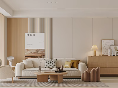 Modern Cream Wood Style Living And Dining Space With Comfortable Soft Home Interior Furnishings 3d model