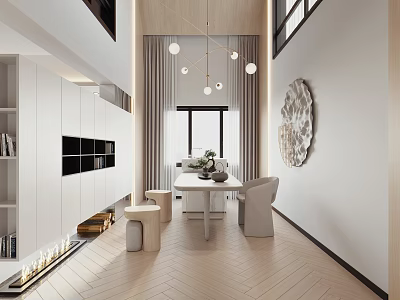 Modern Minimalist Tea Room Interior With Table Chairs And Decor 3d model