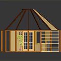 Circular Wooden Building With Open Interior Fireplace Sloped Roof And Railing