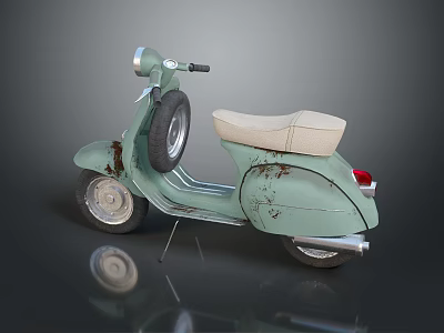 Vintage Light Green Scooter with Cream Seat and Spare Tire Rust on Dark Background Reflection 3d model