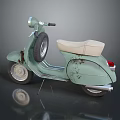 Vintage Light Green Scooter with Cream Seat and Spare Tire Rust on Dark Background Reflection