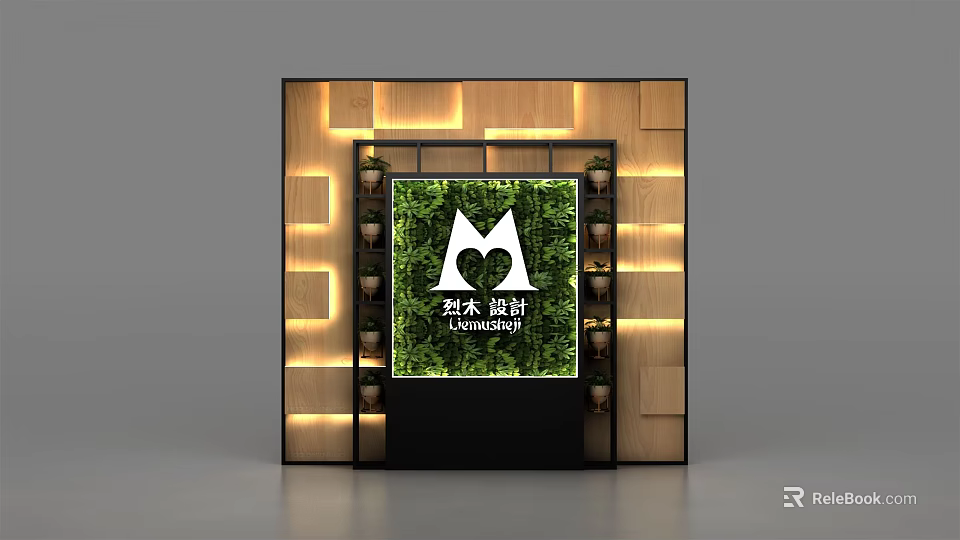 Modern Background Wall Featuring Green Plant Panel Wooden Decor And Lighting 3d model 
