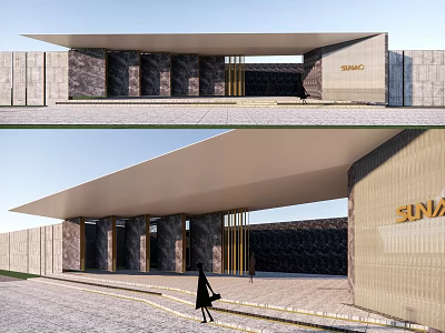 Modern Entrance Gate With Stone Wall Metal Frame And Canopy Building Signage Design 3d model