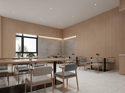 Simple Dining Interior Space Featuring Wooden Walls Tables Chairs Window And Light Floor 3d model