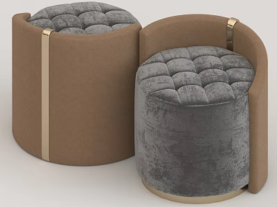 Modern Round Tufted Gray Brown Velvet Stools With Gold Metal Accents 3d model