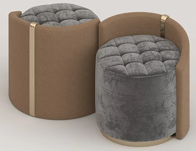 Modern Round Tufted Gray Brown Velvet Stools With Gold Metal Accents 3d model