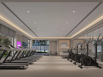 Modern Gym Interior With Treadmills Elliptical Machines Large Windows Screen And Lighting 3d model