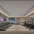 Modern Gym Interior With Treadmills Elliptical Machines Large Windows Screen And Lighting