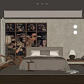 Warm Modern Bedroom Interior Design With Beige Bedding Screen Style Backdrop Blinds And Rattan Chair