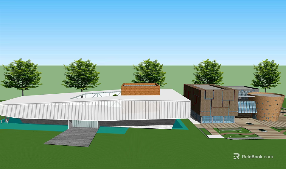 Modern Museum Building With White Facade Brown Structure Green Lawn And Trees 3d model 