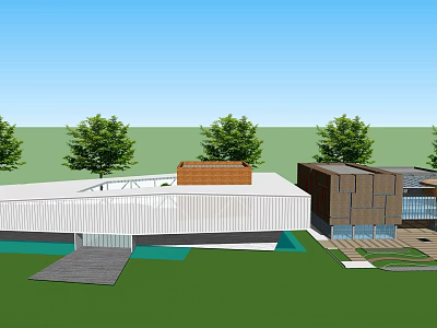 Modern Museum Building With White Facade Brown Structure Green Lawn And Trees 3d model