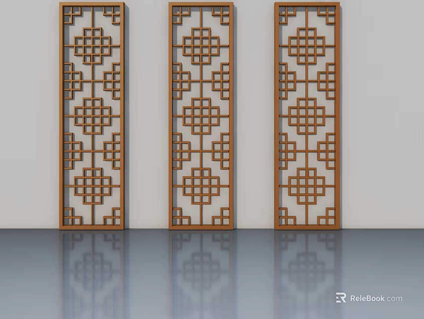 Three Wooden Swing Doors With Geometric Lattice Pattern And White Background 3d model