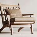 Wooden Leisure Chair with Slatted Back Armrest and Neutral Cushion in Minimalist Style