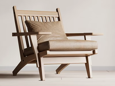 Wooden Leisure Chair with Slatted Back Armrest and Neutral Cushion in Minimalist Style 3d model