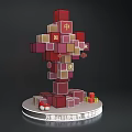 Red And Gold Cubes Stacked Structure With Fu Characters On Circular Base For Celebration 3d model
