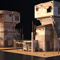 Two Traditional Vintage Towers With Light Colored Walls Fabric Canopies And Ground Structures