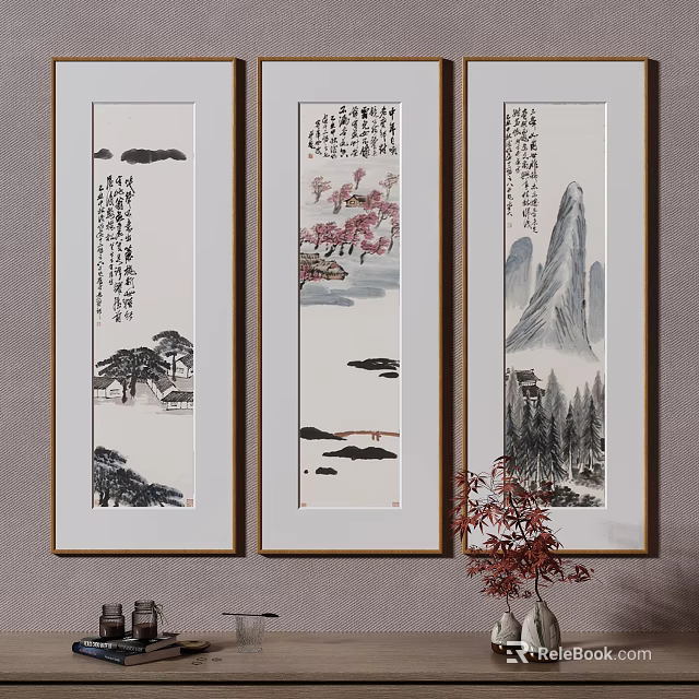 Traditional Chinese Landscape Paintings with Pine Mountain Peach Blossom and Calligraphy in White Frames 3d model 
