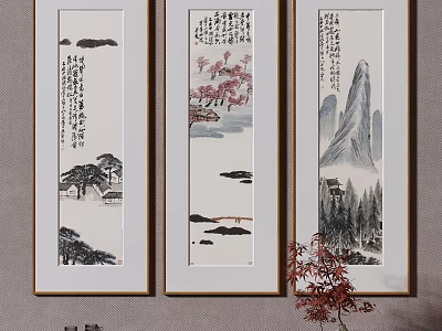 Traditional Chinese Landscape Paintings with Pine Mountain Peach Blossom and Calligraphy in White Frames 3d model