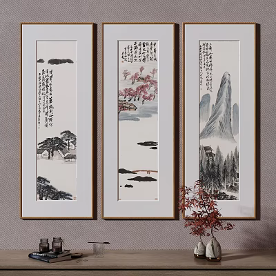 Traditional Chinese Landscape Paintings with Pine Mountain Peach Blossom and Calligraphy in White Frames 3d model