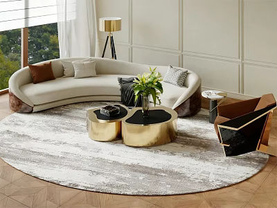 Curved Beige Multi Seater Sofa Interior With Gold Coffee Tables Green Plant And Round Rug 3d model