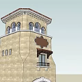 Classical Stone Tower with Arched Windows Decorative Top and Entrance Door