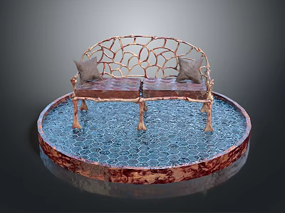 Ornate Metal Frame Bench With Cushioned Pillows On Blue Honeycomb Base Copper Rim 3d model