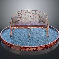Ornate Metal Frame Bench With Cushioned Pillows On Blue Honeycomb Base Copper Rim