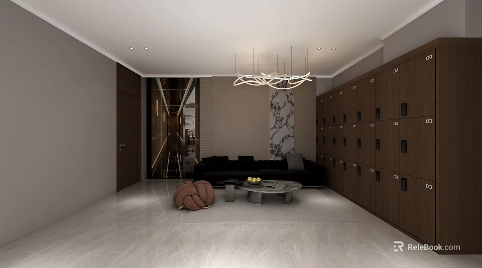 Modern Shop Front Desk With Lockers Waiting Sofa And Decorative Chandelier 3d model 