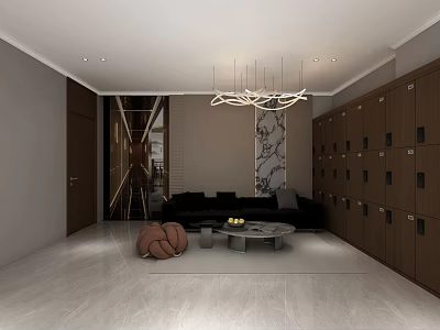 Modern Shop Front Desk With Lockers Waiting Sofa And Decorative Chandelier 3d model