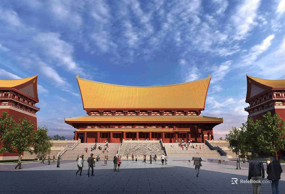 Ancient Architecture With Yellow Roof Traditional Design And Stone Steps Under Blue Sky White Clouds 3d model 