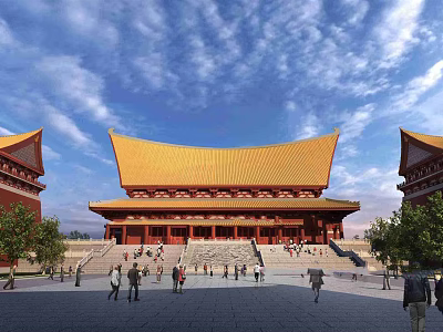 Ancient Architecture With Yellow Roof Traditional Design And Stone Steps Under Blue Sky White Clouds 3d model