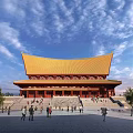 Ancient Architecture With Yellow Roof Traditional Design And Stone Steps Under Blue Sky White Clouds