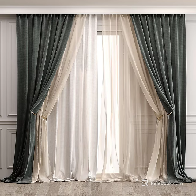Dark Green Curtains With Sheer White Lining And Elegant Pleated Design For Home 3d model 